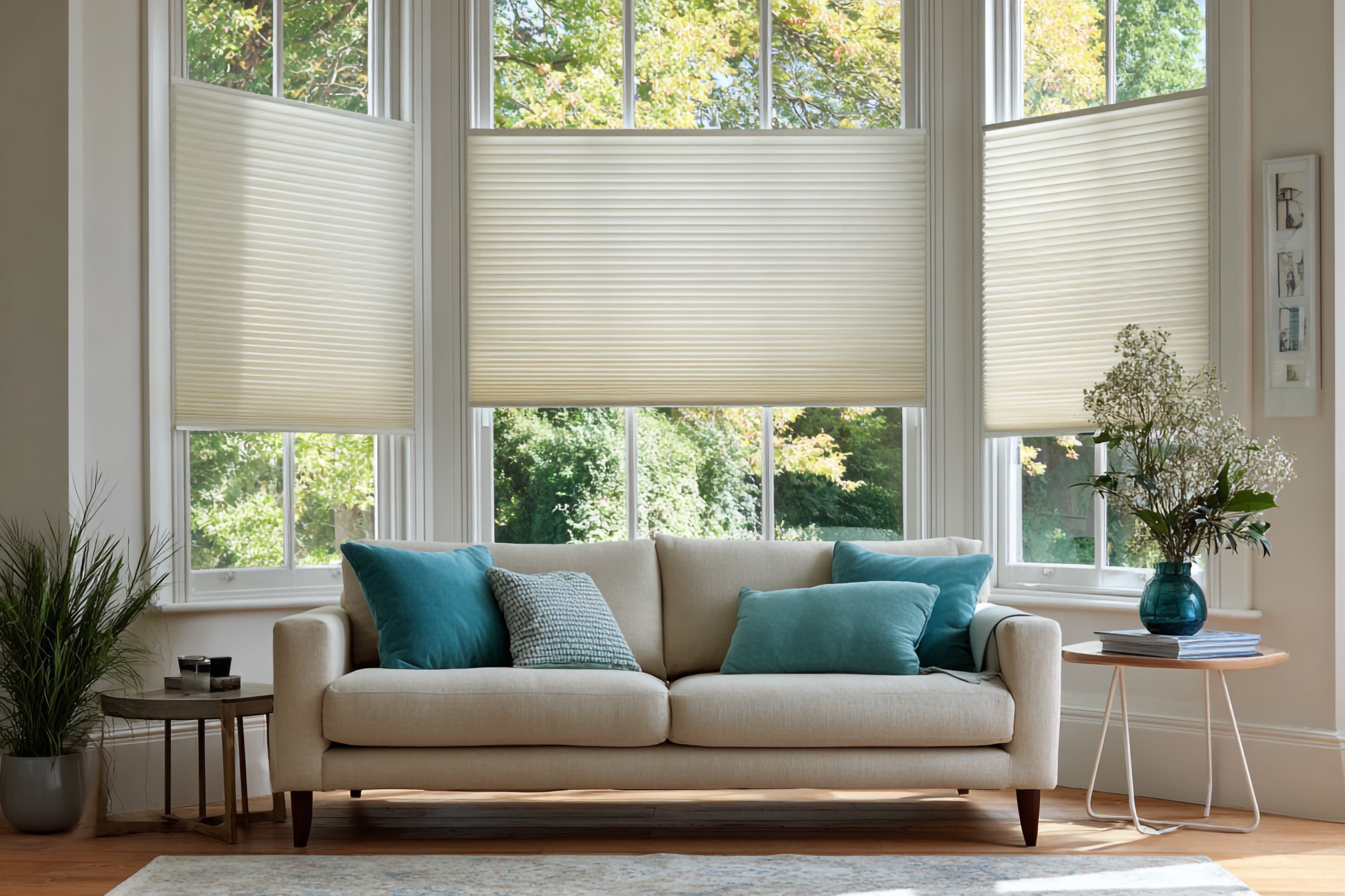 Living room featuring energy-efficient cellular shades on bay windows